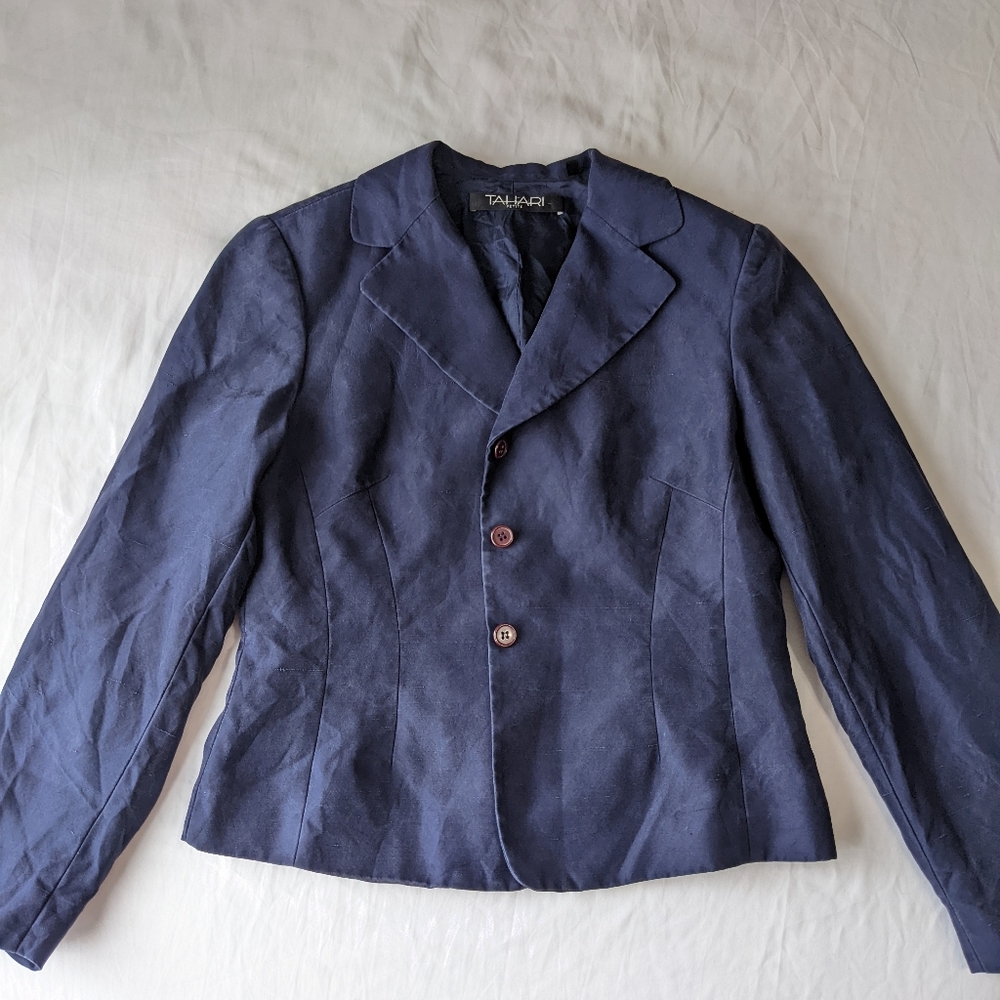 Tahari 100% Silk Blazer Suit Jacket Navy Blue Size 12P